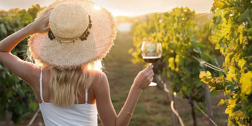 Kvinna med ett glas vin i handen på vingård i Afrika