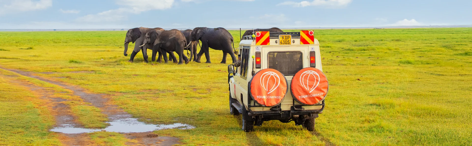 Safaribil och elefanter i Amboseli nationalpark, Kenya