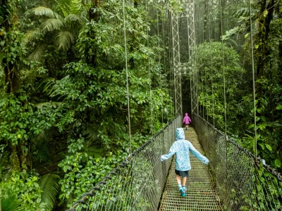 Barn går på en hängbro i Costa Rica i regnet