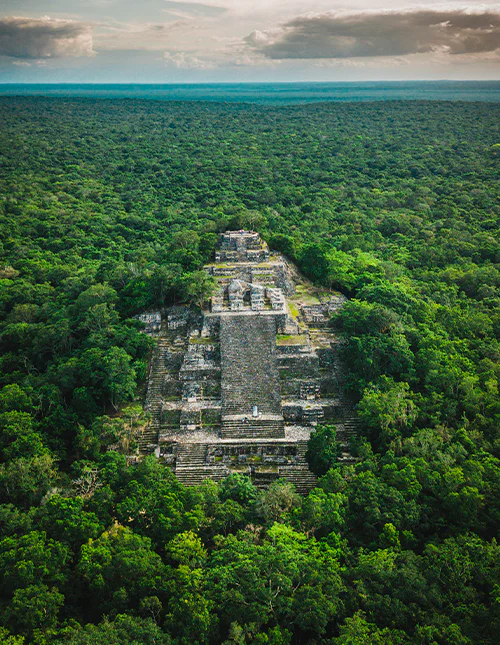 Ruinerna av den antika mayastaden Calakmul, omgivna av djungeln
